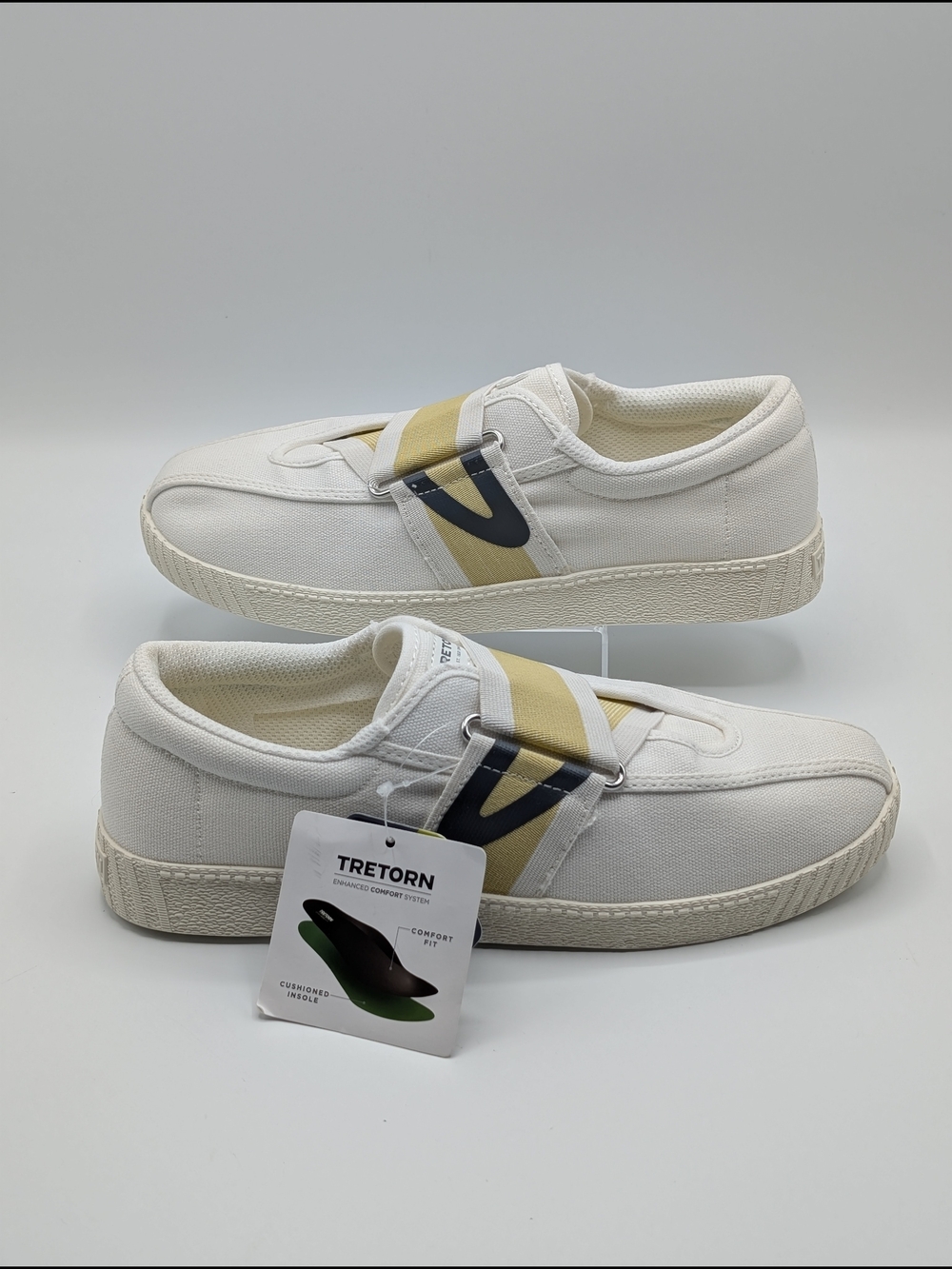Tretorn Women's 8 White Canvas Sneakers with Yellow & Gray Accent Slip On Nylite